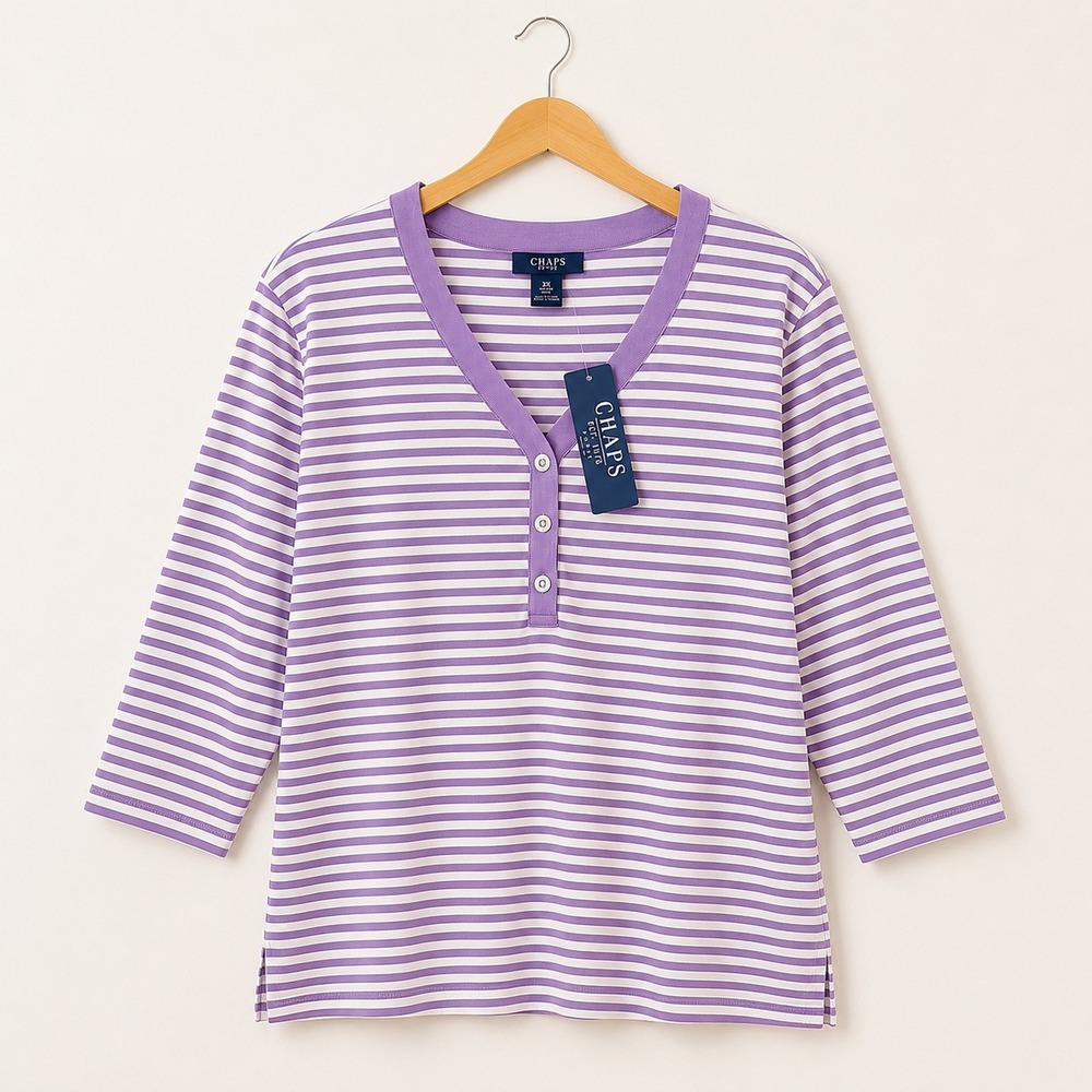 Chaps Boho Tunic Womens 3X Purple White Striped 3/4 Sleeve Y2K Preppy